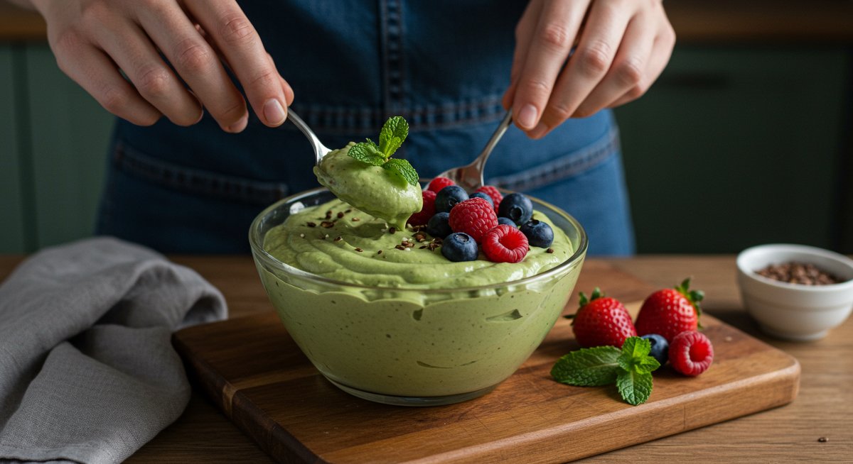 Delicious vegan chocolate avocado mousse with fresh berries and mint, perfect for new vegans seeking easy dessert recipes
