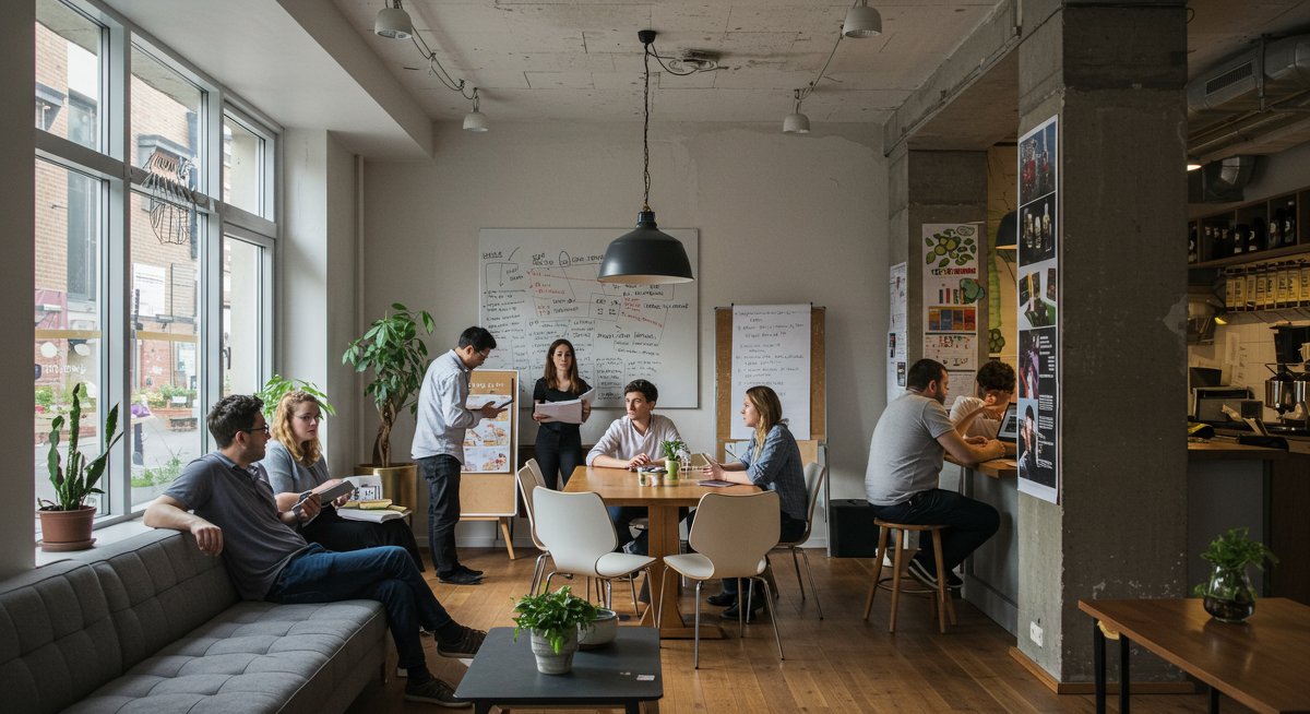 Digital nomads in a modern co-living space engaging in community networking