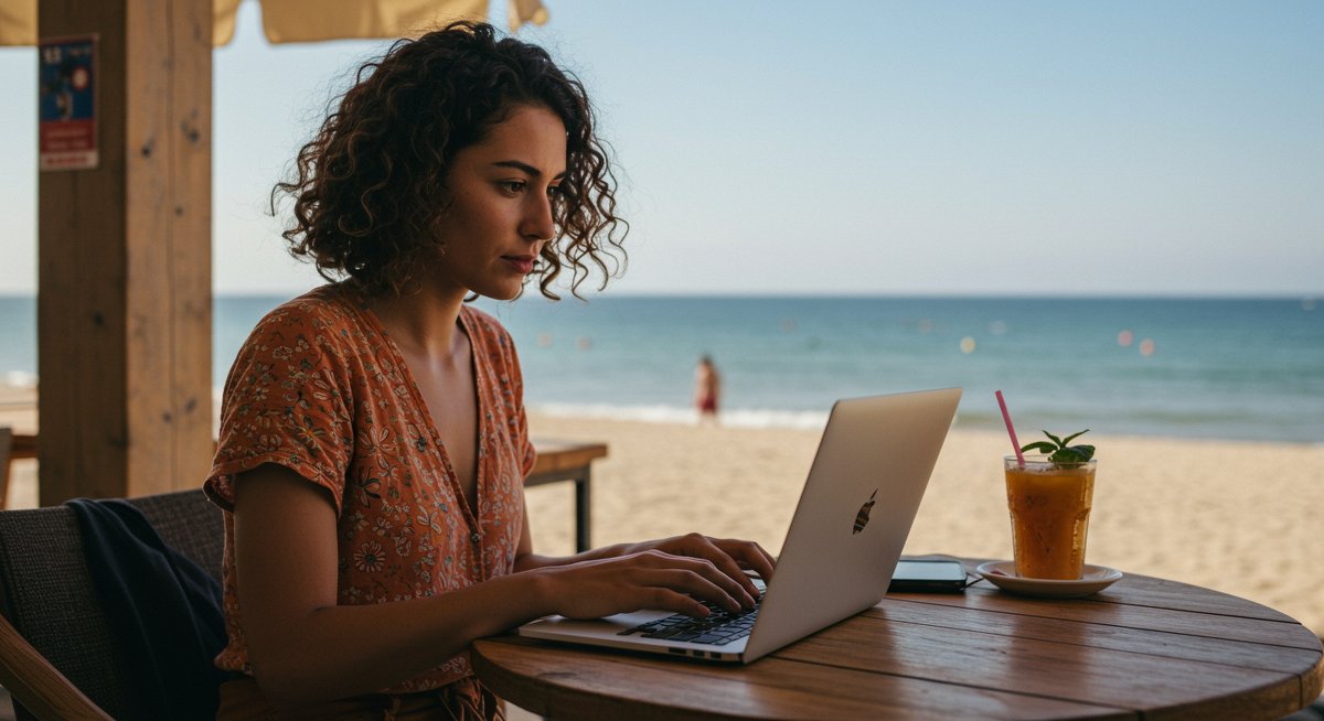 Digital nomad woman practicing cybersecurity while working remotely from a beachside cafe, highlighting practical security measures for remote work.