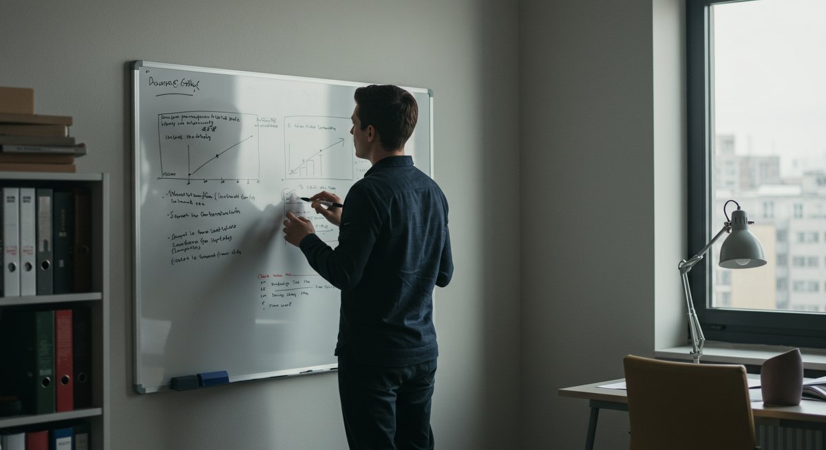 Mid-career professional engaged in problem-solving using a whiteboard in a modern office environment