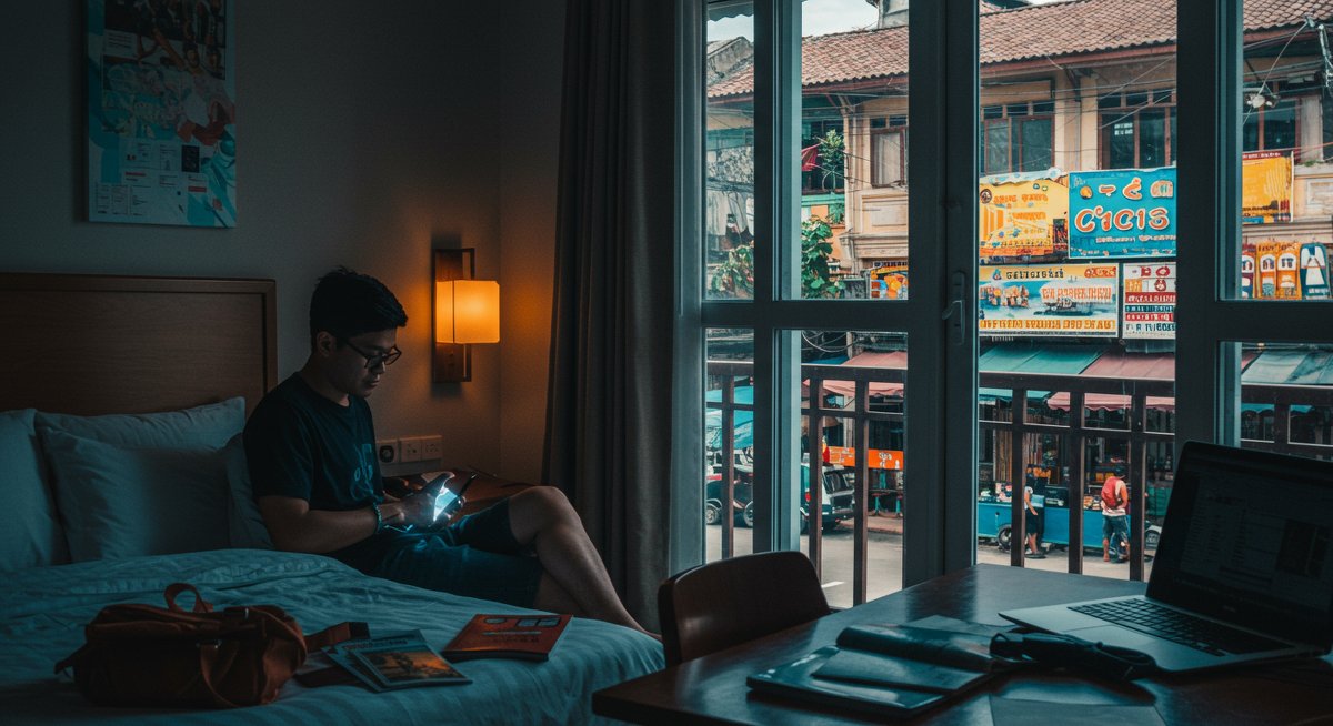 Solo male traveler in budget hotel room using phone and laptop researching hotel booking tips for Southeast Asia