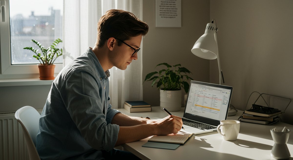 Young man budgeting at minimalist home office with laptop, notebook, and coffee