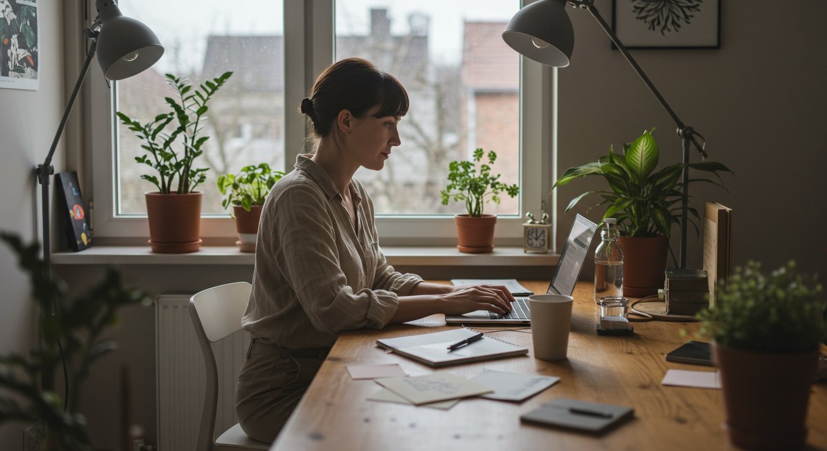 Professional woman working from a sustainable home office with eco-friendly workspace essentials and digital tools for side hustle success
