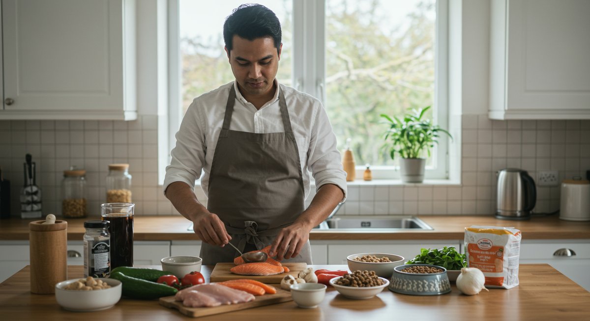Man preparing homemade cat food with fresh ingredients in a modern kitchen, emphasizing healthy and balanced meal preparation for cats