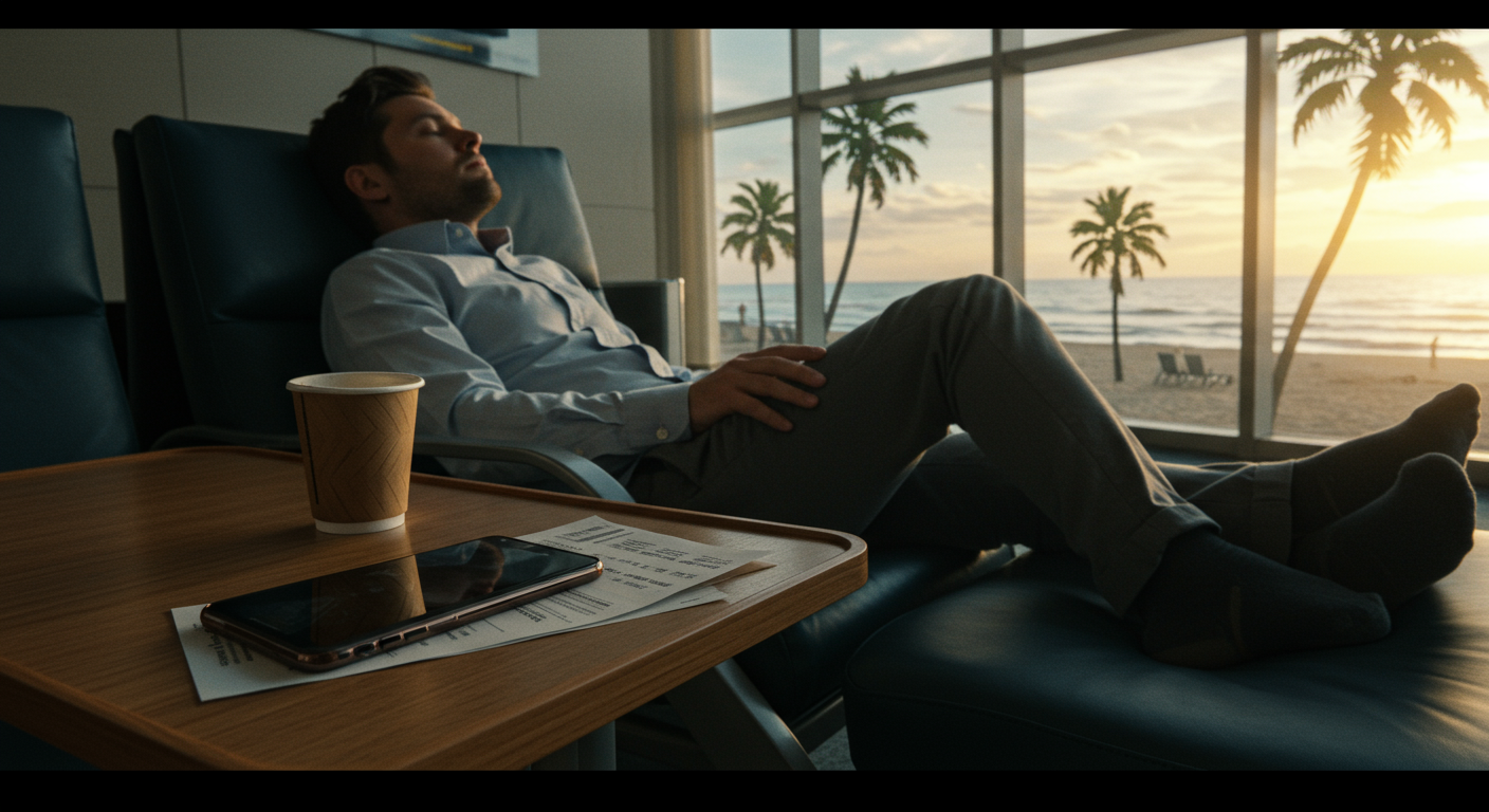 Business traveler resting in airport lounge with phone, enjoying comfortable transit time