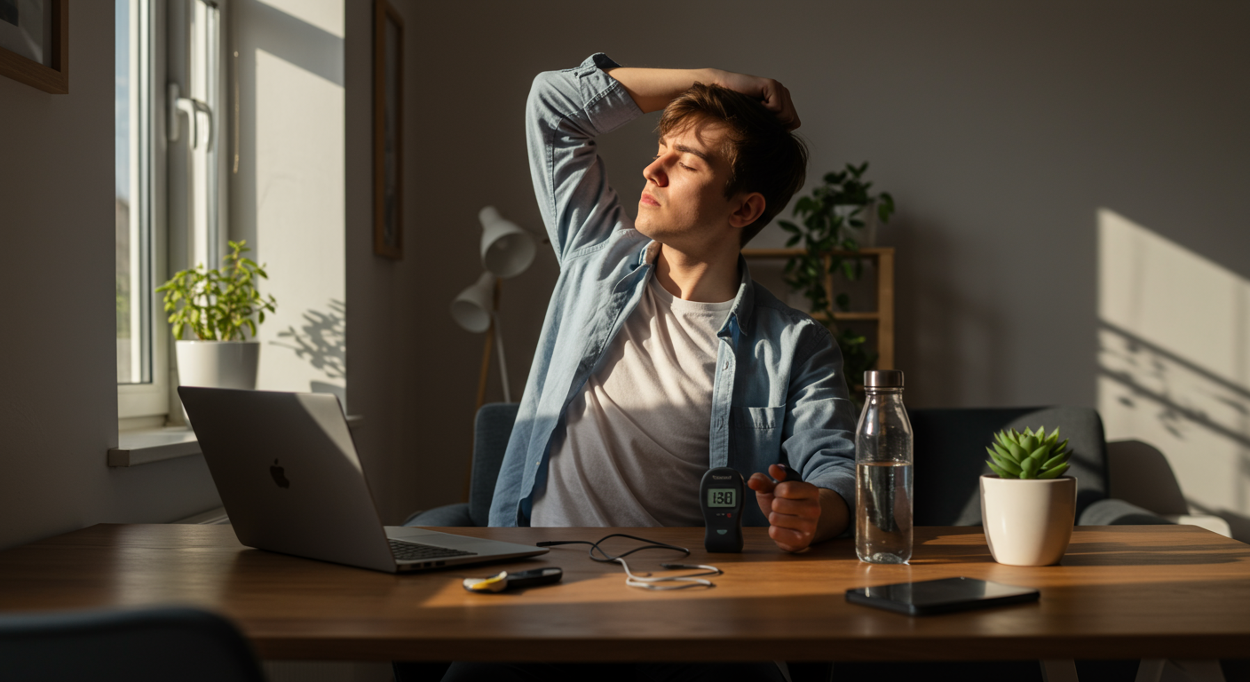 A young professional takes a break during the afternoon slump, using a Pomodoro timer to boost focus and energy. The scene shows a modern home office with natural lighting.