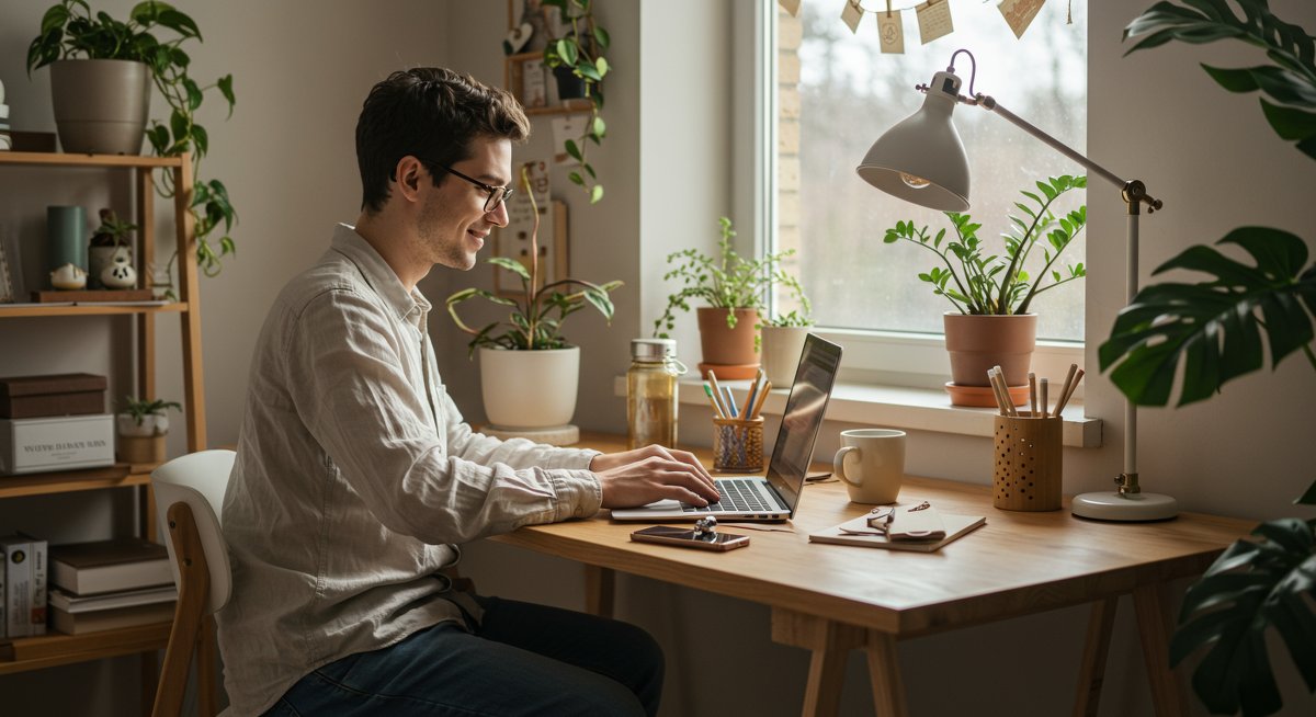 Eco-friendly home office setup with natural light, plants, and sustainable materials. A person works at a wooden desk with reusable items, promoting productivity and wellness.