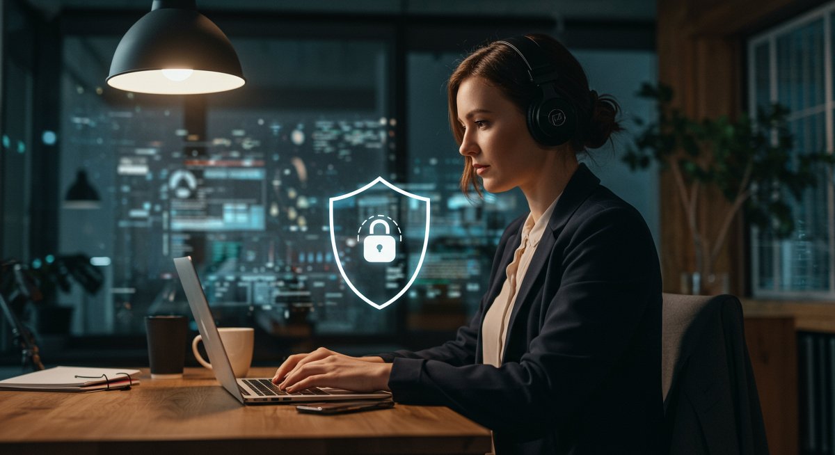Remote freelancer prioritizing cybersecurity with laptop and security symbols in professional workspace