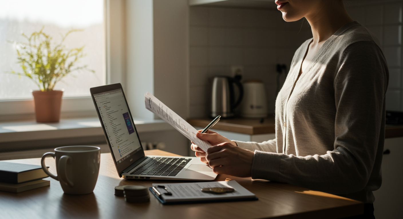 A person reviewing financial documents in a well-lit kitchen, managing finances effectively.