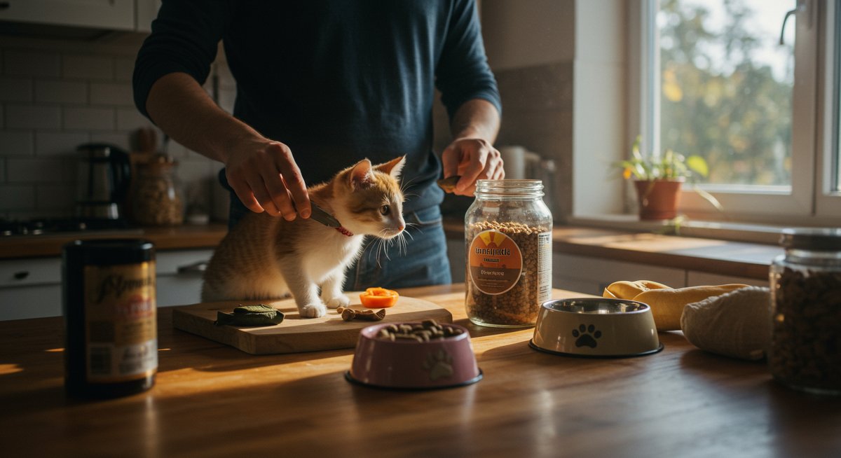 Budget-friendly pet care: Man preparing homemade pet food with fresh ingredients in a clean kitchen, showing affordable and nutritious pet feeding solutions