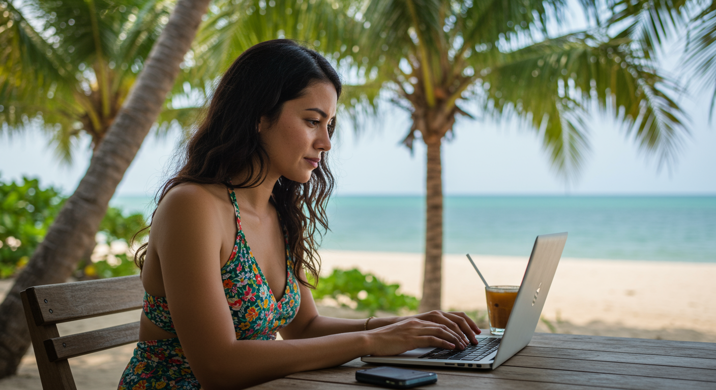 Woman working remotely on a laptop at a beachside cafe, tropical setting, focusing on remote work productivity.
