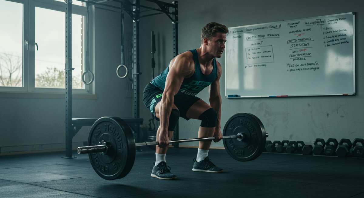 Person doing deadlifts in home gym with motivational whiteboard displaying crypto trading strategy keywords