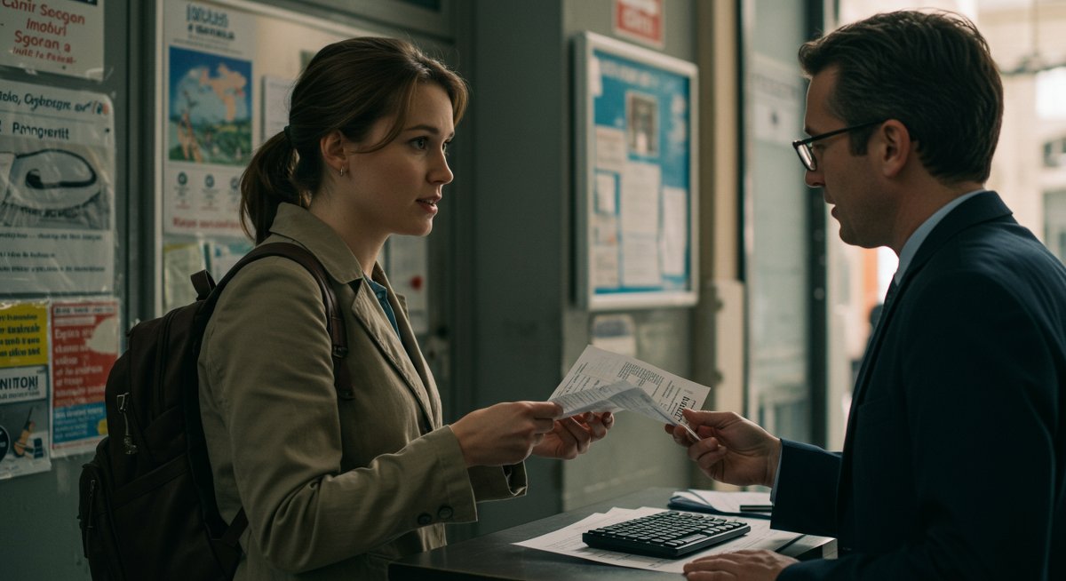 Lost passport emergency situation - budget traveler interacting with local authorities for document replacement