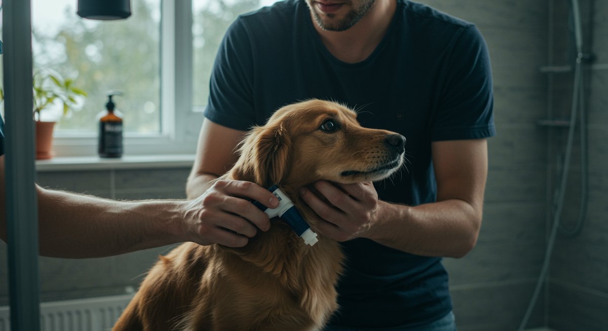 Experienced pet parent applying flea and tick prevention treatment to dog in modern bathroom setting