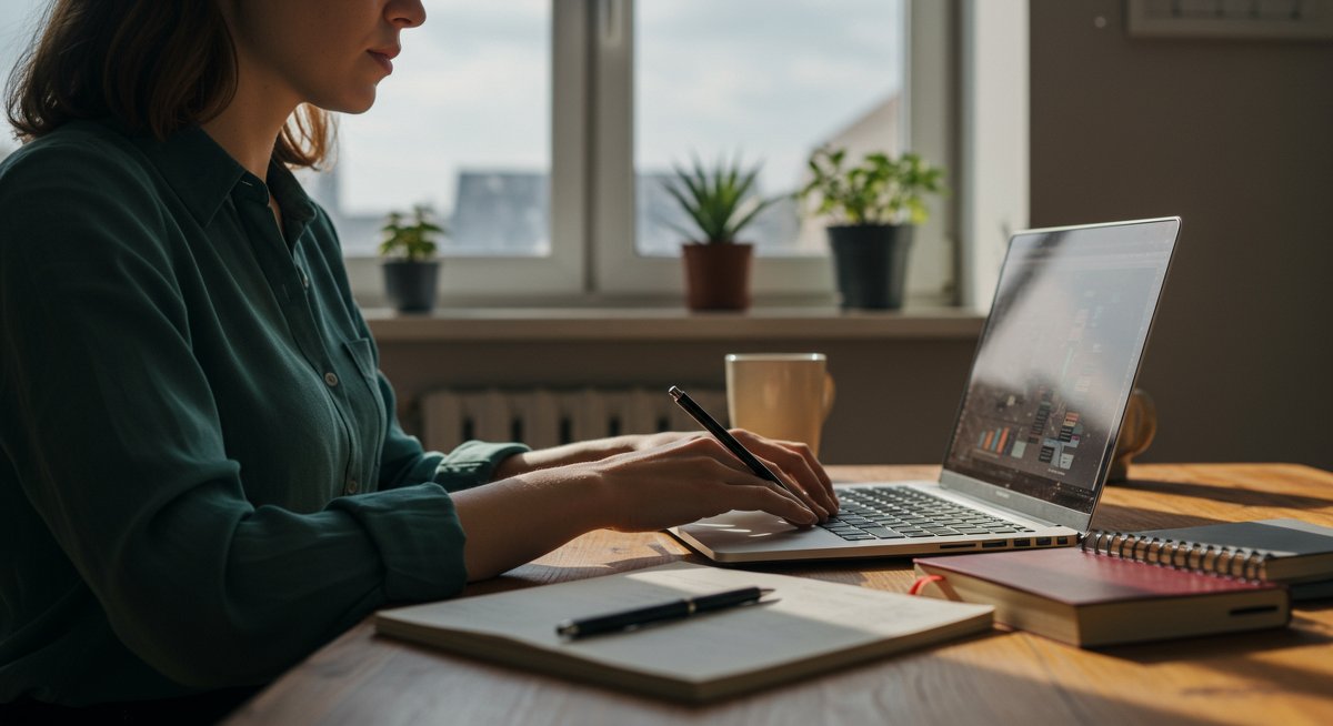 Student using mind mapping techniques for effective studying with laptop, textbook, and notebook