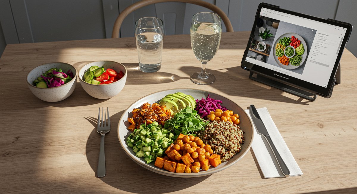 Vibrant vegan lunch plate featuring quinoa, roasted sweet potatoes, avocado, chickpeas, and herbs with pickled vegetables and sparkling water