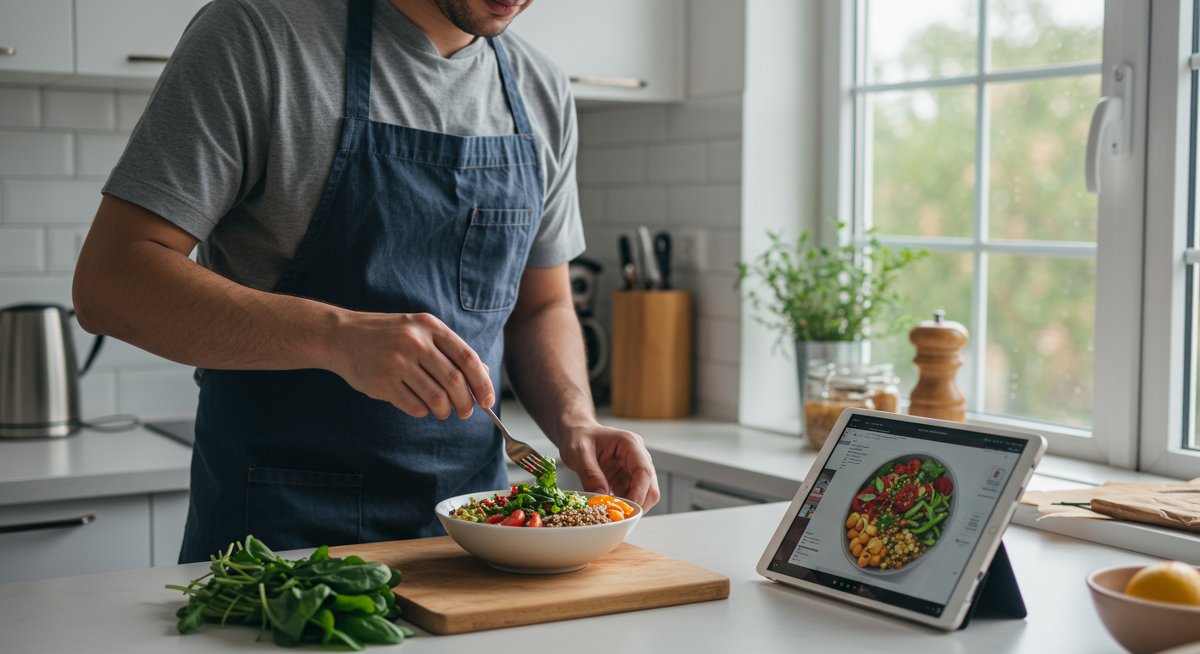 Professional vegan lunch preparation with fresh ingredients and modern kitchen design