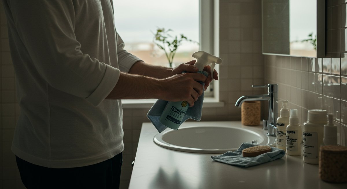 Vegan home cleaning guide illustration: man using cruelty-free cleaning products in modern bathroom with natural light