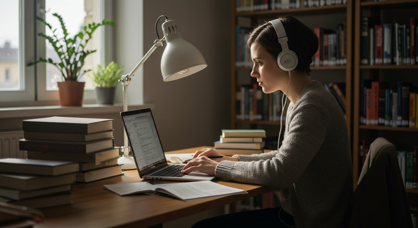 A student in a library intensely studying and planning, using a laptop with an ergonomic keyboard, headphones, and a time-blocking schedule visible on a digital calendar, highlighting productivity and prioritization techniques. The scene is set in a modern, minimalist home office with natural lighting and a clean aesthetic.