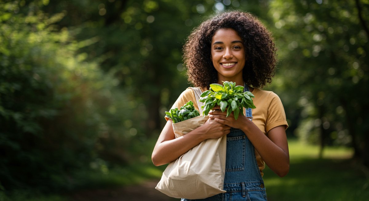 Eco-friendly living on a budget: Budget-friendly eco-tips showing a person shopping at a local farmers' market with reusable bags and fresh produce