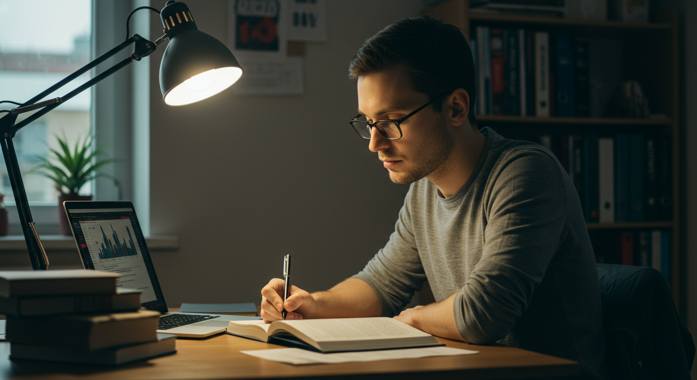 An adult learner studying at a desk with a laptop and textbook, demonstrating focused study techniques in a bright, natural-lit environment.