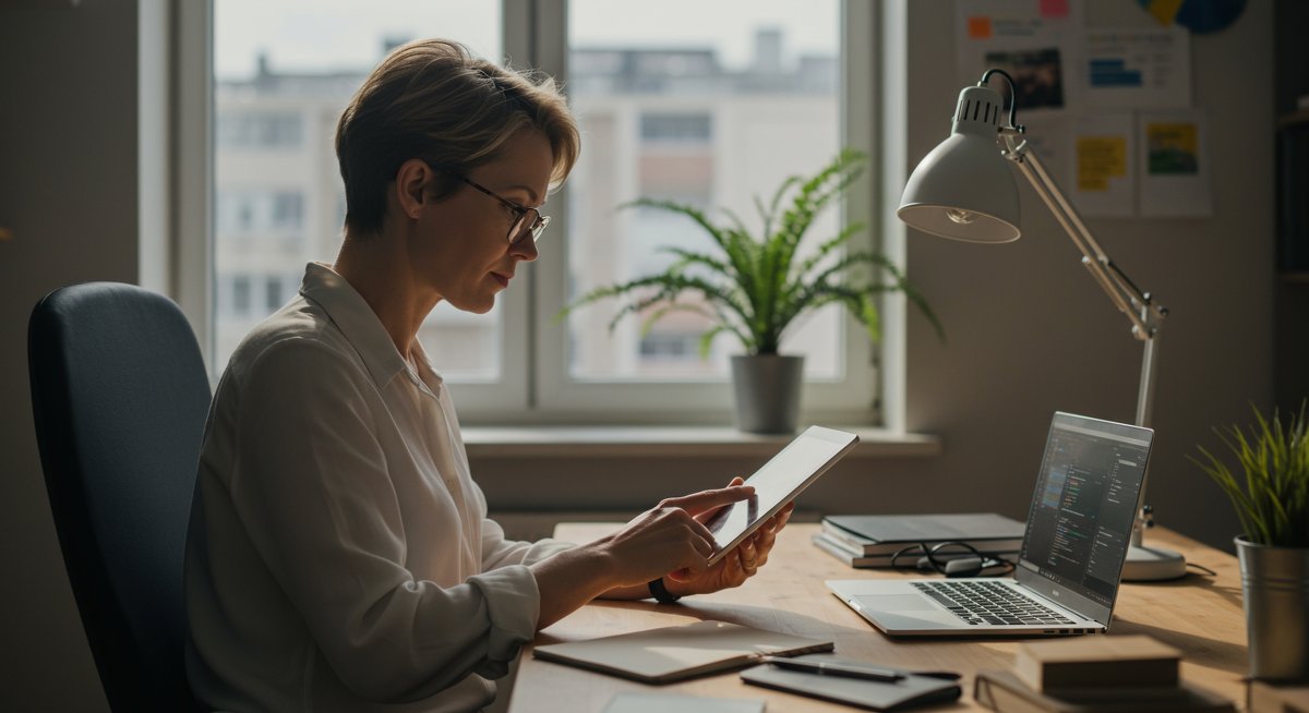 Professional mid-career professional engaged in online upskilling with modern workspace and natural lighting