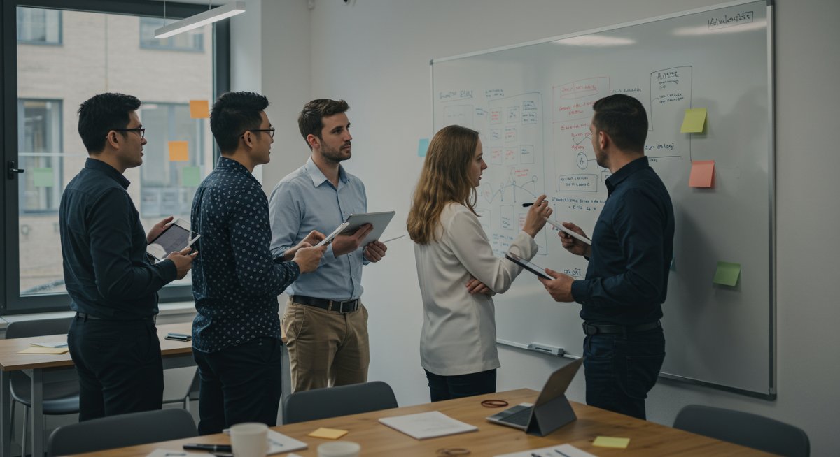 Professional team working together on knowledge management techniques in a modern workspace