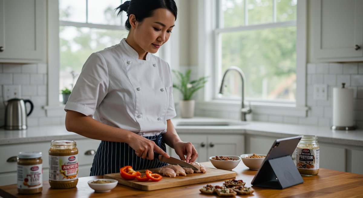 Professional illustration of a female chef preparing high-protein snacks in a modern kitchen, showcasing fresh ingredients and meal-prep containers