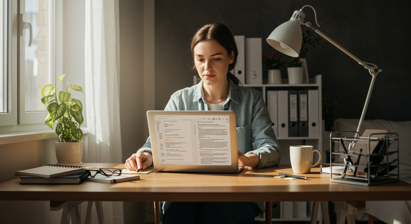 A minimalist home office setting showcasing organized financial documents and a laptop, highlighting the principles of decluttering and mindful spending.