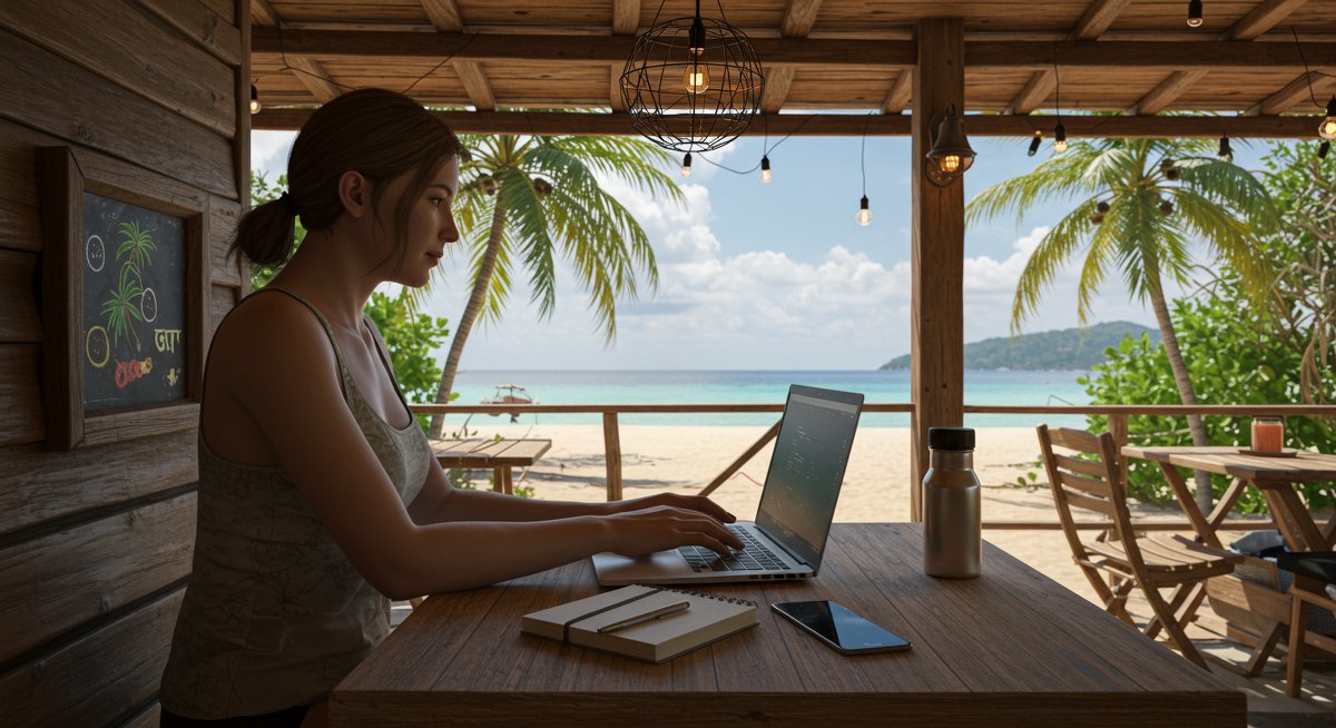 Digital nomad working from a tropical café with travel essentials