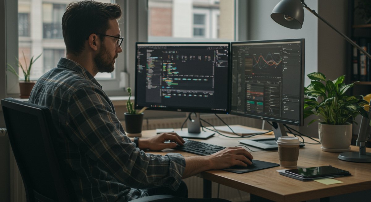 Professional man working in co-working space with project management tools and plant, emphasizing sustained focus and energy management