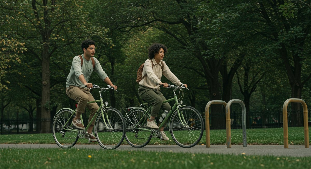 Eco-friendly commuting: Diverse urban couple cycling through a green park with reusable water bottle and solar-powered bike lights, promoting sustainable transportation for a greener city