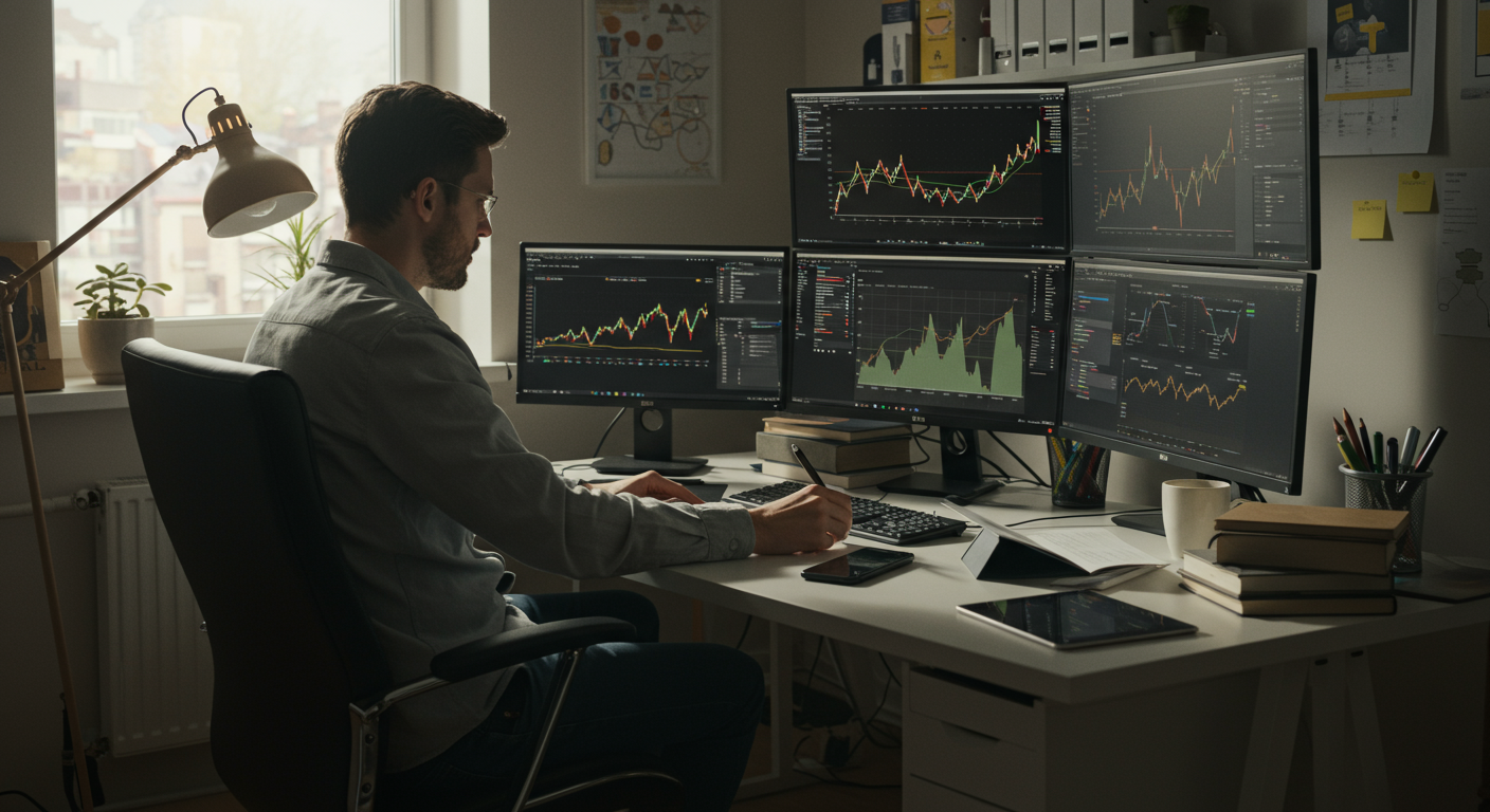 Experienced crypto trader analyzing charts to minimize swap fees in a modern European home office. Natural lighting and a clean tech aesthetic.