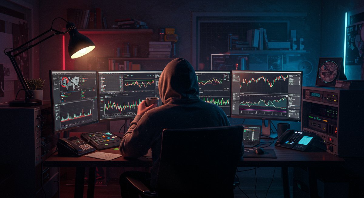 Crypto trader analyzing global markets with AI tools in a high-tech setup