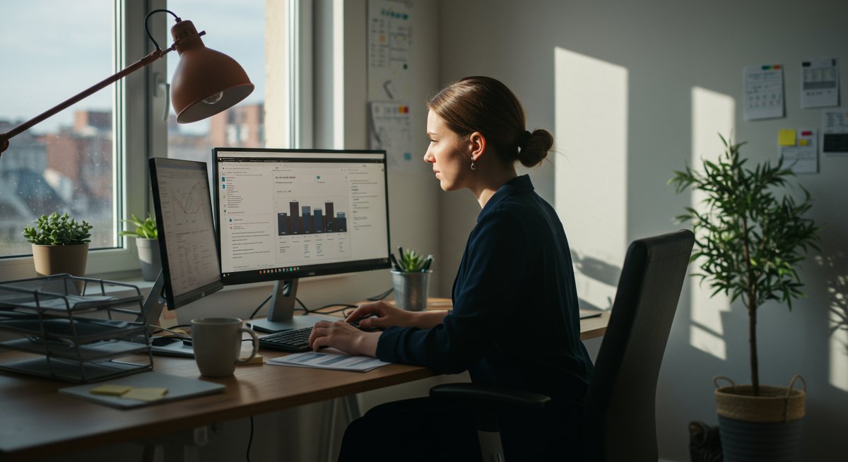 Experienced budgeter managing finances during recession with professional budgeting tools and organized workspace