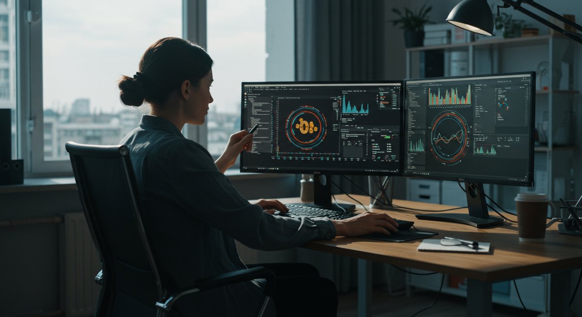 Experienced crypto trader analyzing blockchain data in modern office environment