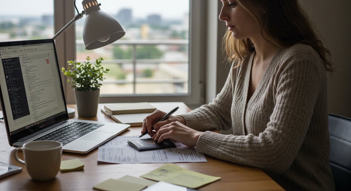 Digital nomad woman working on obtaining visas in a clean, modern office space