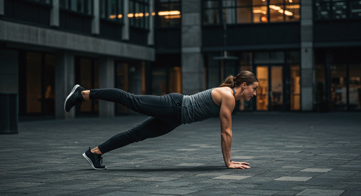 Flare-wearing individual doing bodyweight exercises in city setting