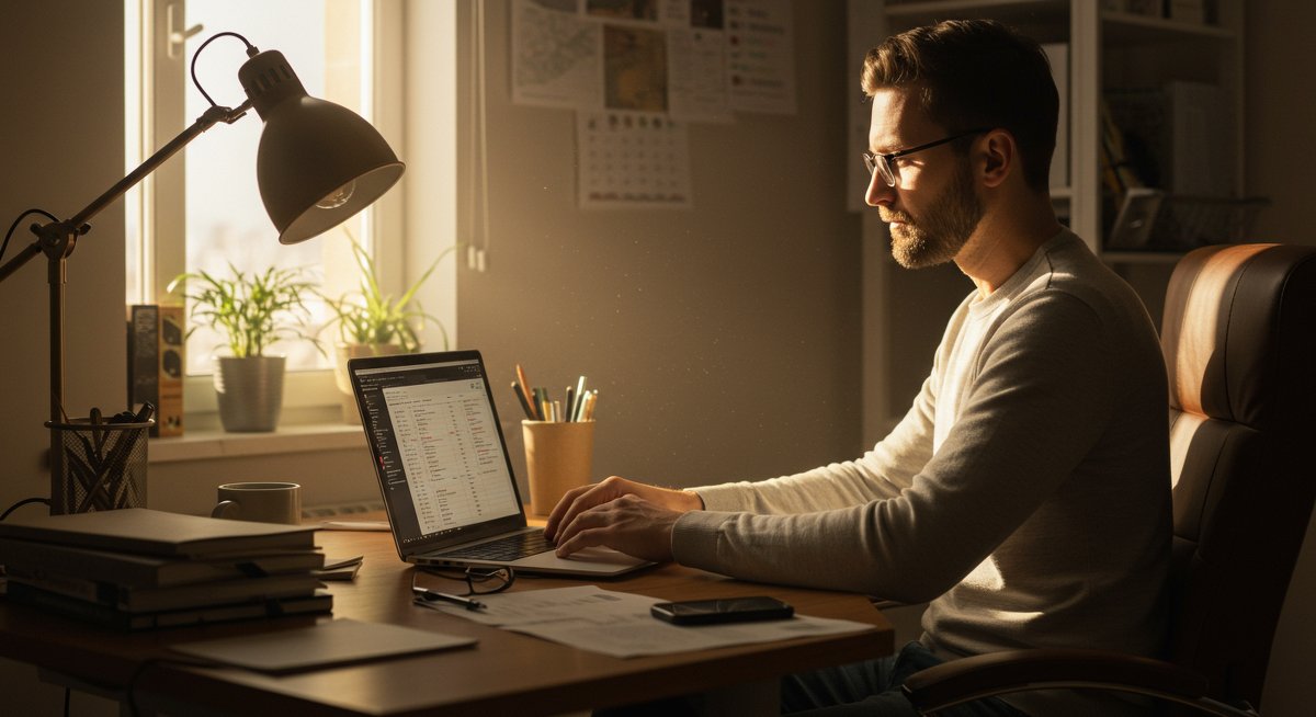 Professional minimalist finances illustration showing a man in a modern home office focused on financial planning with clean workspace and minimalist decor
