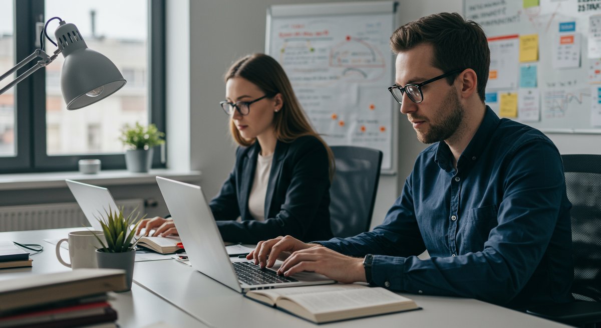 Adult learners using modern study tools in a professional workspace with natural light and plant decor