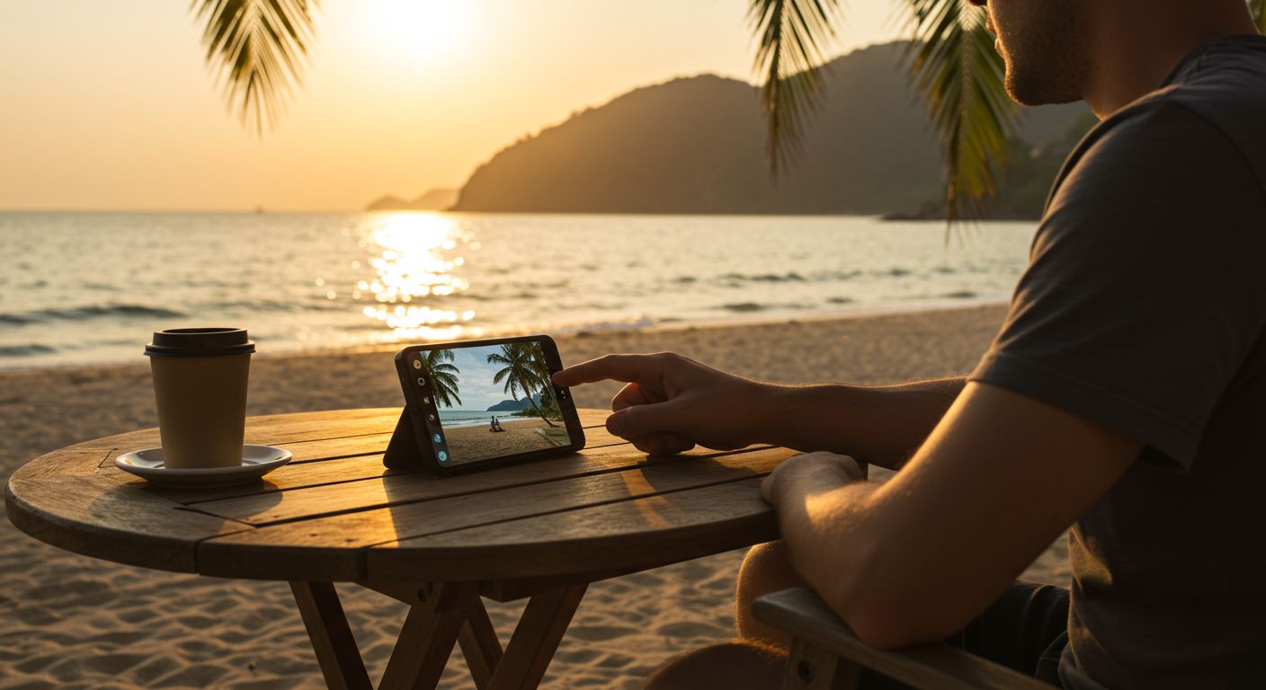 A traveler on a beach using their phone and enjoying a coffee, with the ocean in the background, representing international travel insurance coverage.