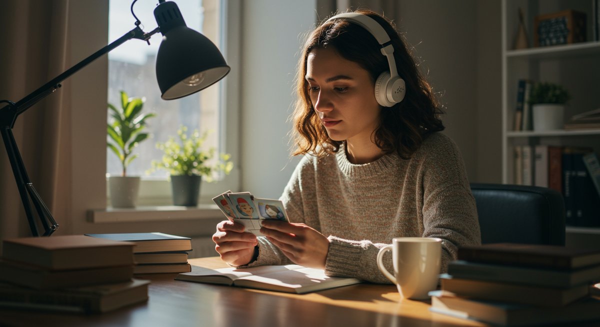 Student using flashcards and digital tools for language acquisition in study environment