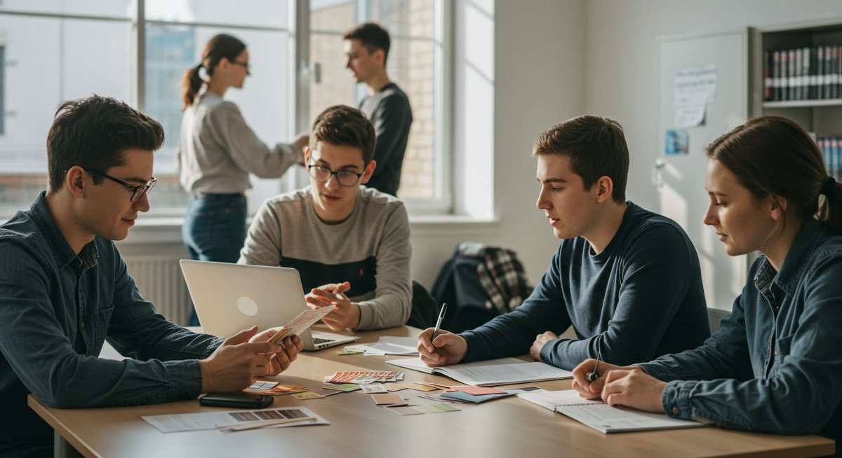 Diverse students using effective study techniques like spaced repetition and collaborative learning in a modern library setting.