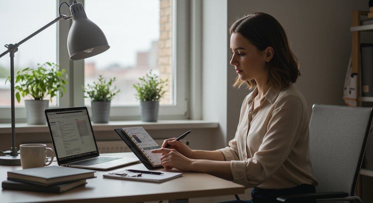 Professional woman using digital planner and Pomodoro timer in modern home office with natural light and minimalist decor