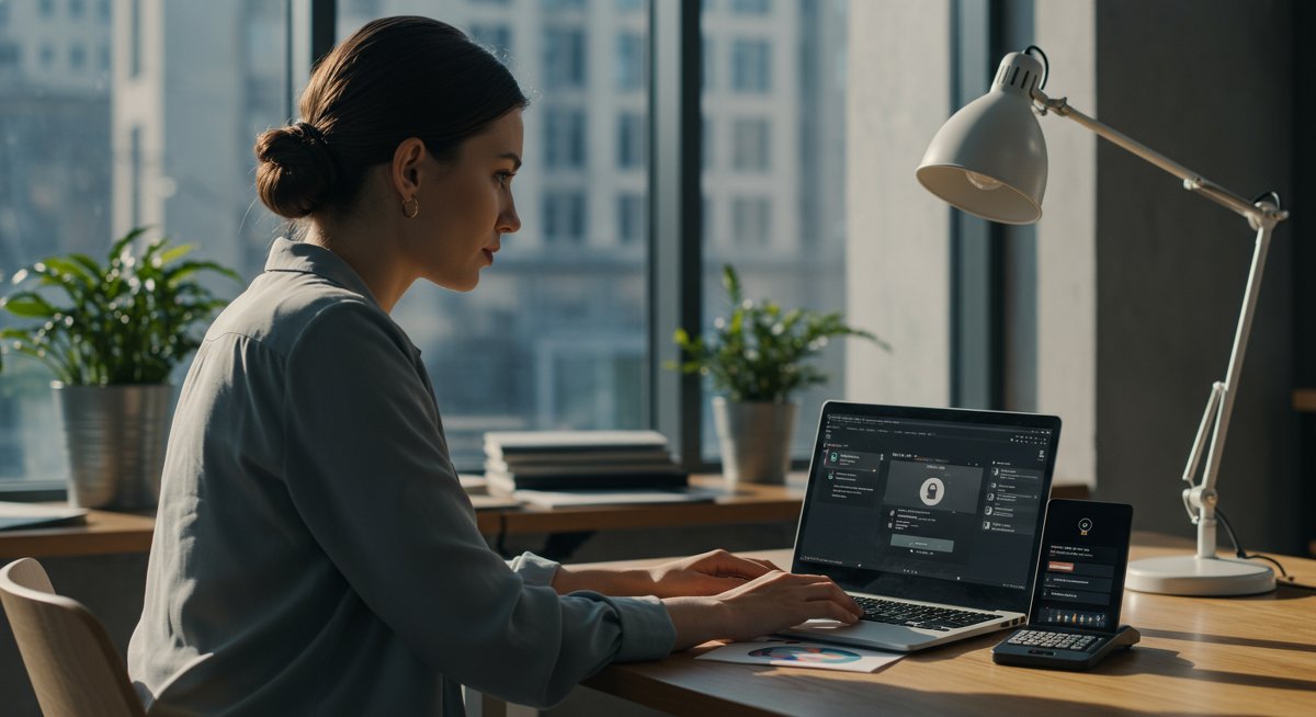 Digital nomad cybersecurity essentials: woman working on security software in modern workspace with portable hotspot and password manager
