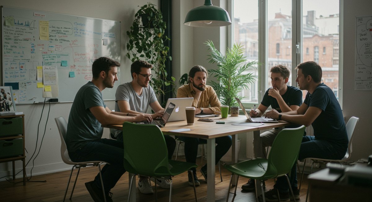 Digital nomads in a modern co-living space collaborating on projects with natural light and greenery