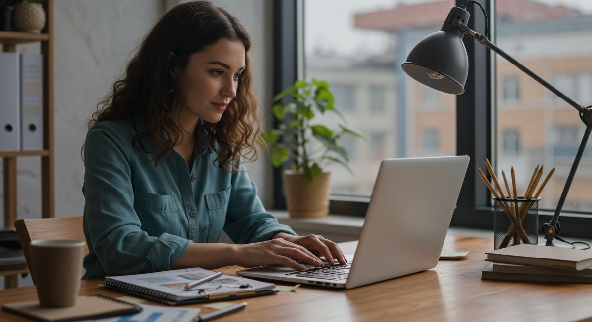 Digital nomad managing finances with laptop, planner, and currency notes in modern workspace