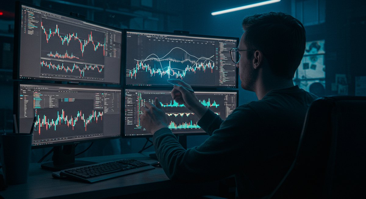 Bitcoin trading strategy analysis with stablecoin conversion metrics on multi-screen setup