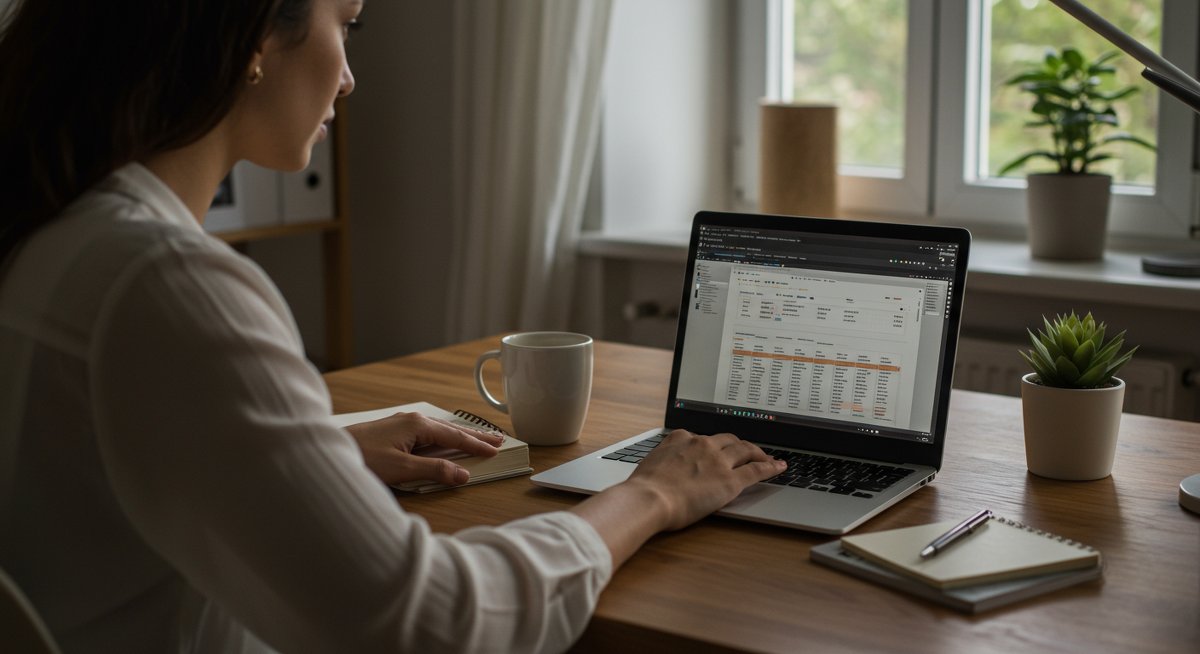 Minimalist finances: A woman in a clean, organized workspace planning her budget with a laptop and notebook, emphasizing intentional spending and saving