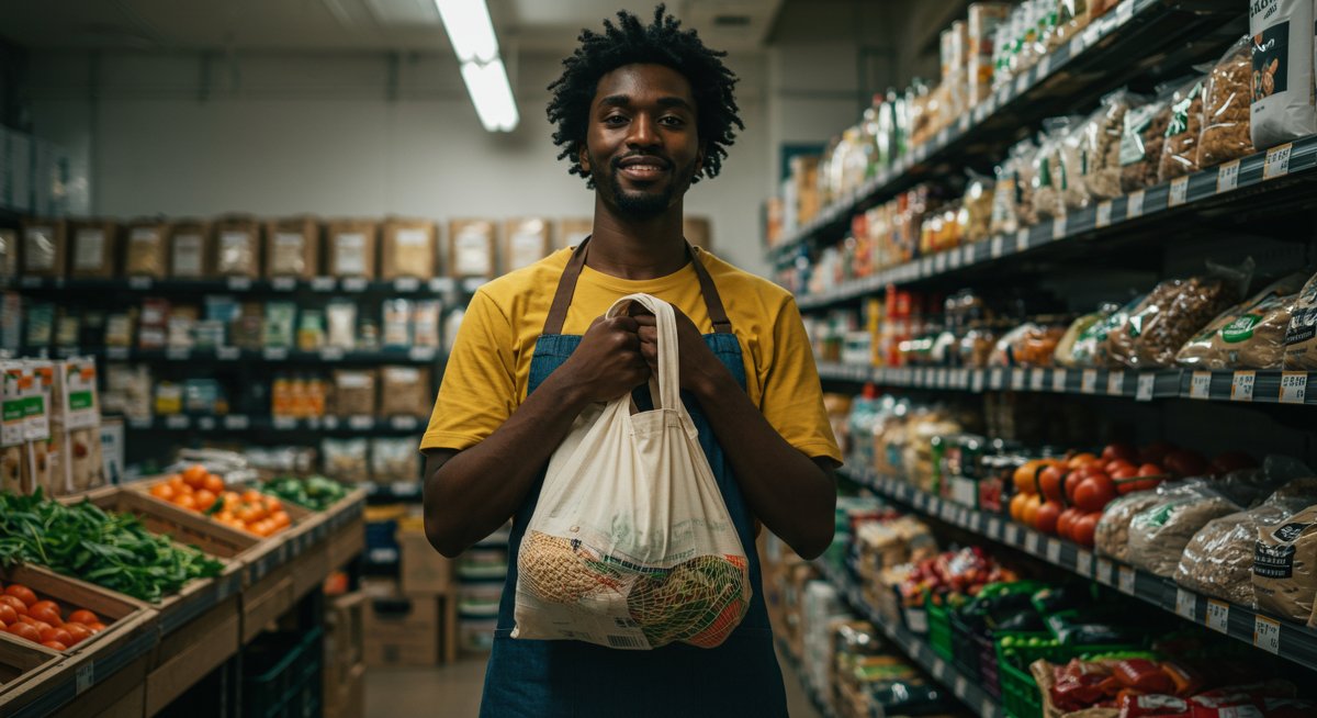 Zero-waste shopping beginner with reusable bags at bulk store - zero-waste shopping, bulk buying, reduce plastic waste